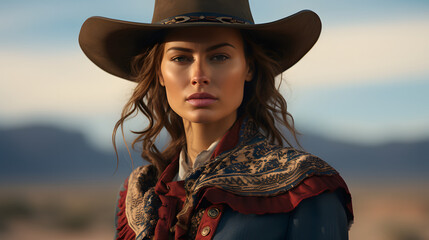 Portrait of a woman in the wild west in a cowboy outfit