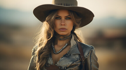 Portrait of a woman in the wild west in a cowboy outfit