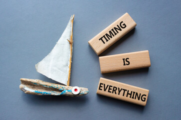 Timing is Everything symbol. Wooden blocks with words Timing is Everything. Beautiful grey background with boat. Business and Timing is Everything concept. Copy space.