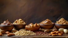 Different Kinds Of Nuts In Bowls On Wooden Background, Selective Focus.