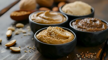 Wall Mural - Bowls with tasty peanut butter on table, closeup. Healthy snack