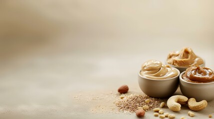 Wall Mural - Creamy peanut butter in bowl with nuts on light background.