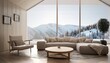 © sinthi - Round wooden coffee table near beige sofa and armchair against floor to ceiling panoramic large window with winter mountain view, minimalist home interior design of modern living room