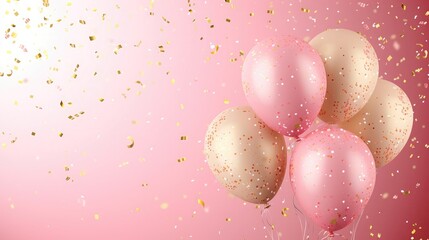 Birthday Pink balloons background design Happy birthday golden balloon and confetti decoration element for birth day celebration greeting card design