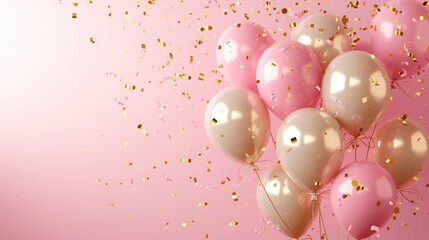 Birthday Pink balloons background design Happy birthday golden balloon and confetti decoration element for birth day celebration greeting card design