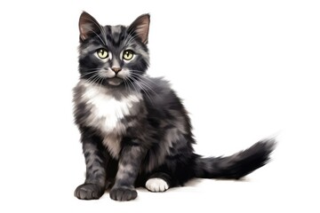 Black and white kitten illustration aquarelle on white background. Pet, domestic animal. AI Generated