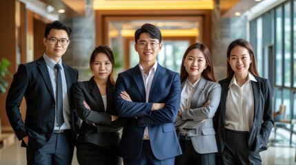 Wall Mural - portrait of a group of asian business person standing together in an office entrance