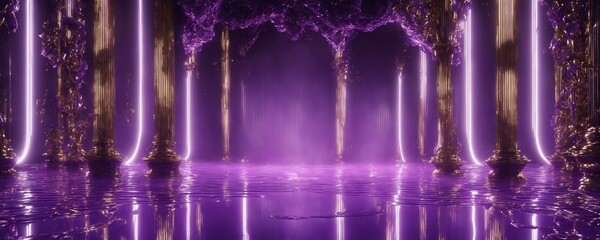 Wall Mural - purple lights shine brightly in a dark room with columns and trees