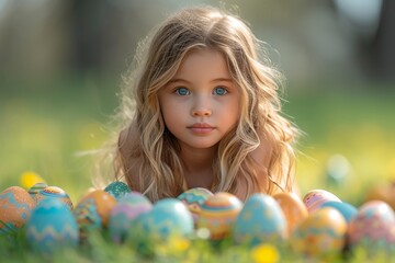 Wall Mural - A young girl surrounded by nature, lying on the soft grass with a pile of vibrant painted eggs, her face filled with wonder and joy as she admires the colorful flowers in the field
