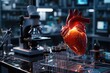 A heart shape sits in the middle of a lab surrounded by various liquids, illustrating scientific experimentation, A 3D rendering of a synthetic heart beating in a science lab, AI Generated