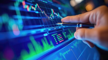 Hand pointing pen at blue monitor to analyze stock market graph in closeup view.