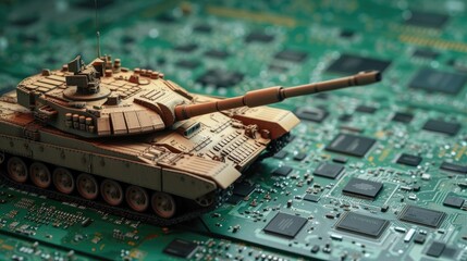 AI controlling warfare depicted through close-up of a military tank on a computer board, emphasizing the race in manufacturing microchips.