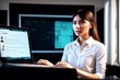 © Евгений Порохин - Side view of serious young woman sitting in front of computer monitors in dark office