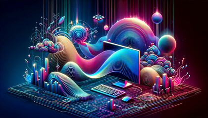 Surreal web development concept with vibrant psychic waves and digital landscape.