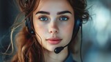 Fototapeta Uliczki - Confident young woman wearing a headset, displaying a charming face.