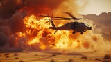 Fototapeta Łazienka - Military helicopter navigating through desert's crossfire and smoke.