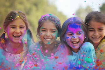 Wall Mural - Four smiling little girls with colored powder on their faces at the festival of Holi.