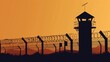 Flat icon design with an orange background depicting a silhouette watch tower and a barbed wire fence.