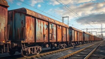 Wall Mural - freight train cart carrying containers against a backdrop of the sky