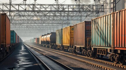 Wall Mural - freight train cart carrying containers against a backdrop of the sky