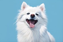 White Spitz Watercolor Portrait Painting. Dog Puppy Illustration. Isolated On Blue Background. AI Generated