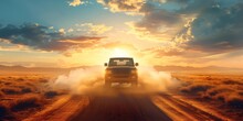 Stunning Vector Illustration Of A Car On A Sunlit Dirt Road. Сoncept Automotive Art, Scenic Drives, Vector Designs, Sun-Kissed Landscapes, Off-Road Adventures