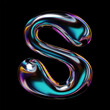 Holographic, glossy 3D letter S in Y2K style with liquid glass or metal texture, featuring a sleek and shiny balloon bubble design, retro-futuristic 2000s vector illustration