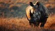Majestic Rhino Grazing in Golden Sunset Light Amidst Wild Grasslands