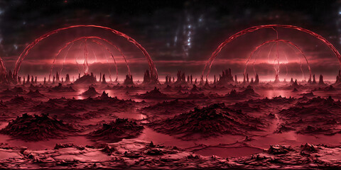 Wall Mural - red alien planet mountains Full 360 degrees seamless spherical panorama HDRI equirectangular projection of. Texture environment map for lighting and reflection 3d scenes. 3d background illustration. 