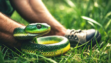 The Green Snake Is Located Near The Man's Leg.