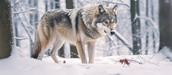 Wall Mural - wolf walking in the snow with trees behind him