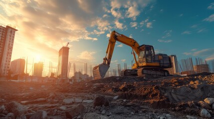 Heavy equipment excavator operating in a construction project area.