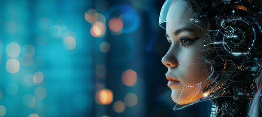 Wall Mural - Woman in futuristic costume. Female in modern interacting with network while having virtual reality experience. Augmented reality game, future technology, AI concept. VR.