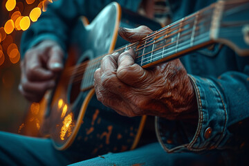 Canvas Print - A close-up of a musician's fingers strumming a guitar, capturing the emotion and rhythm of live music. Concept of artistic expression. Generative Ai.