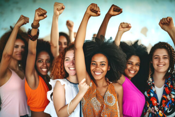 A multi ethnic group of women raising fists celebrating the International Womens Day and the empowerment of women. March 8 for feminism, independence, freedom and activism for women rights