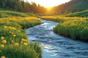 A gentle stream winding through a sunlit meadow, illustrating the life-giving and nurturing qualities of freshwater ecosystems. Concept of the vitality of rivers. Generative Ai.