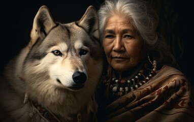 Sticker - A wise Native American grandma shares a heartwarming bond with her loyal white  companion. Generative AI.