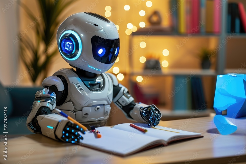 A robot sits at a desk, actively writing on a piece of paper with a pen ...