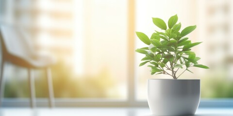 Poster - A plant in a white pot on a table in front of a window. Generative AI.