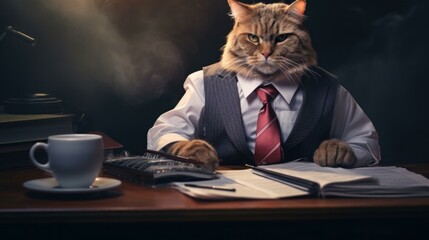 Poster - A cat in a suit and tie sitting at a desk. Generative AI.