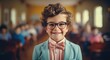 A young boy wearing glasses and a bow tie. Generative AI.