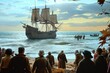 © Ifti Digital - Group of People Standing on Top of a Beach, A tableau of the Mayflower ship arriving with Pilgrims for the first Thanksgiving, AI Generated