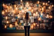 The woman is standing in front of a wall, a lot of light bulbs are lit around