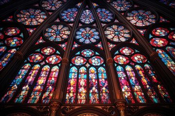 Poster - A stained glass window bathes a cathedral interior in a kaleidoscope of vibrant hues, telling stories through radiant patterns and biblical scenes.  Generative Ai.