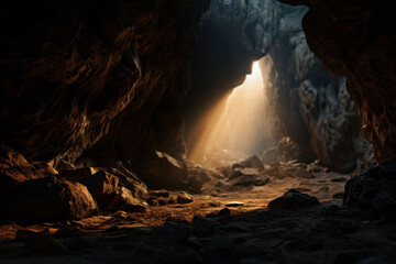 Wall Mural - a flashlight cuts through the darkness of a cave, revealing intricate rock formations and emphasizin