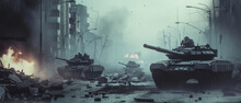 Warzone Aftermath With Tanks Among Ruins, A Stark Portrayal Of Conflict And Its Devastation
