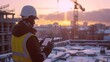 © Matthew - Side view photo of a man in a white helmet and yellow vest standing on a construction site roof with cranes, using a tablet