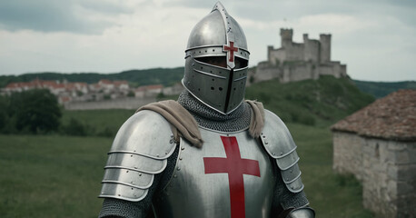 chistian knight wearing an armor with a red christian cross on it, medieval times with an army, castle village or town background