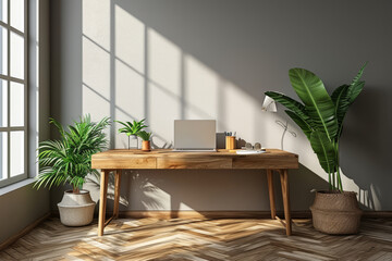 Wall Mural - A minimalist home office setup with a sleek desk, ergonomic chair, and a laptop, promoting. Generative Ai.