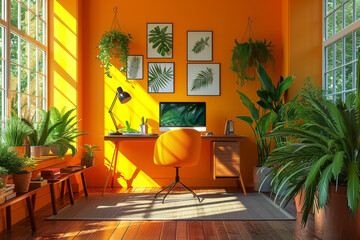 Wall Mural - A brightly colored home office, using vibrant hues to stimulate energy and creativity. Concept of color psychology in home office design. Generative Ai.